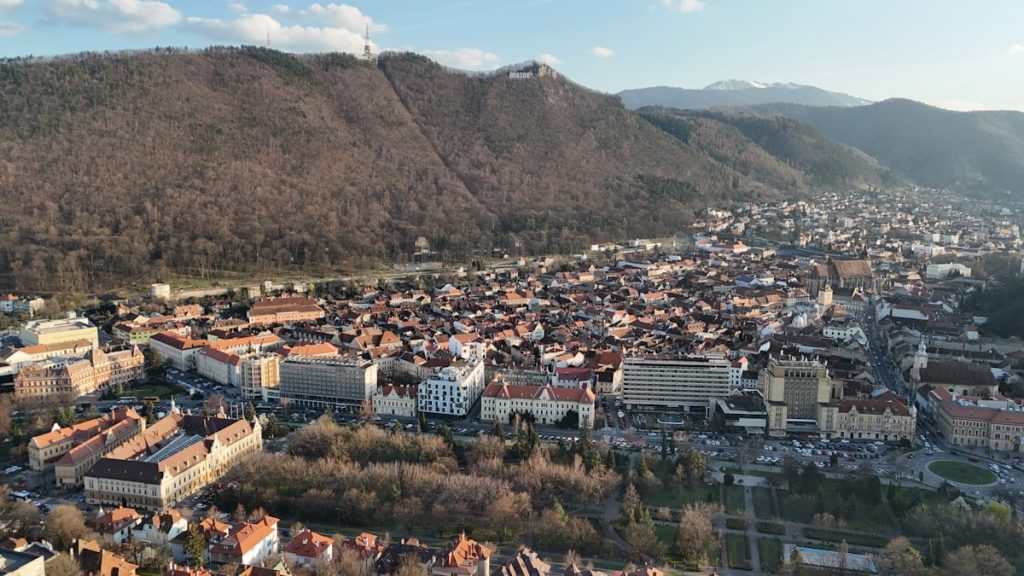 a view of a city with mountains in the background